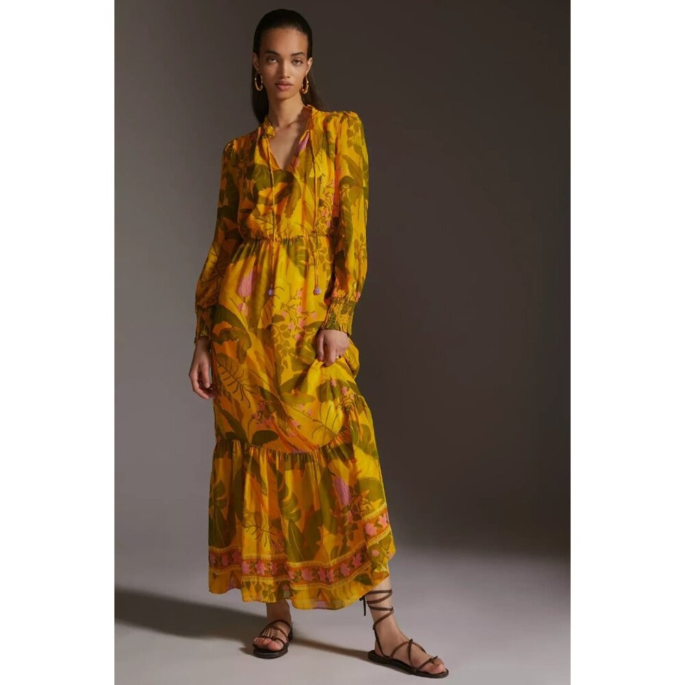 NWT Anthropologie x FARM Rio Printed Maxi in Yellow Floral Chiffon Dress S $230